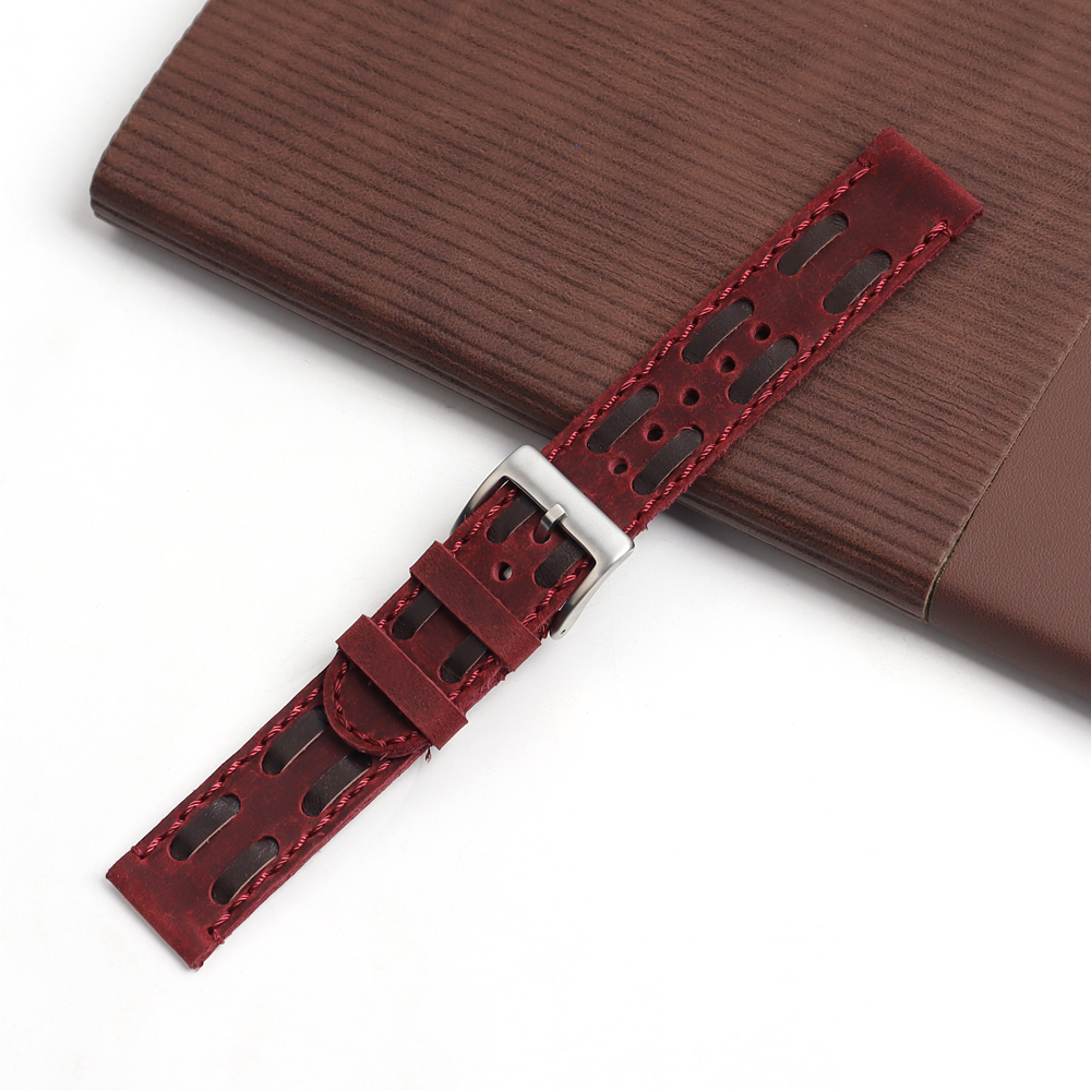 ZOVNE- Vintage Top Grain Cowhide Handmade Leather Watch Band in 20mm 22mm Watch Strap for Brand Watches with Wine Color