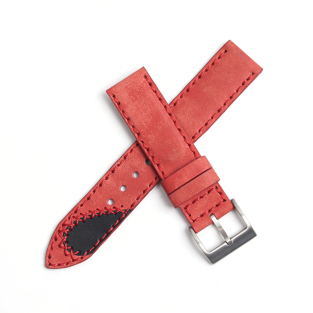 ZOVNE Red Vegetable Tanned Leather Watch Straps for Men in 20mm 22mm with Handmade Stitching